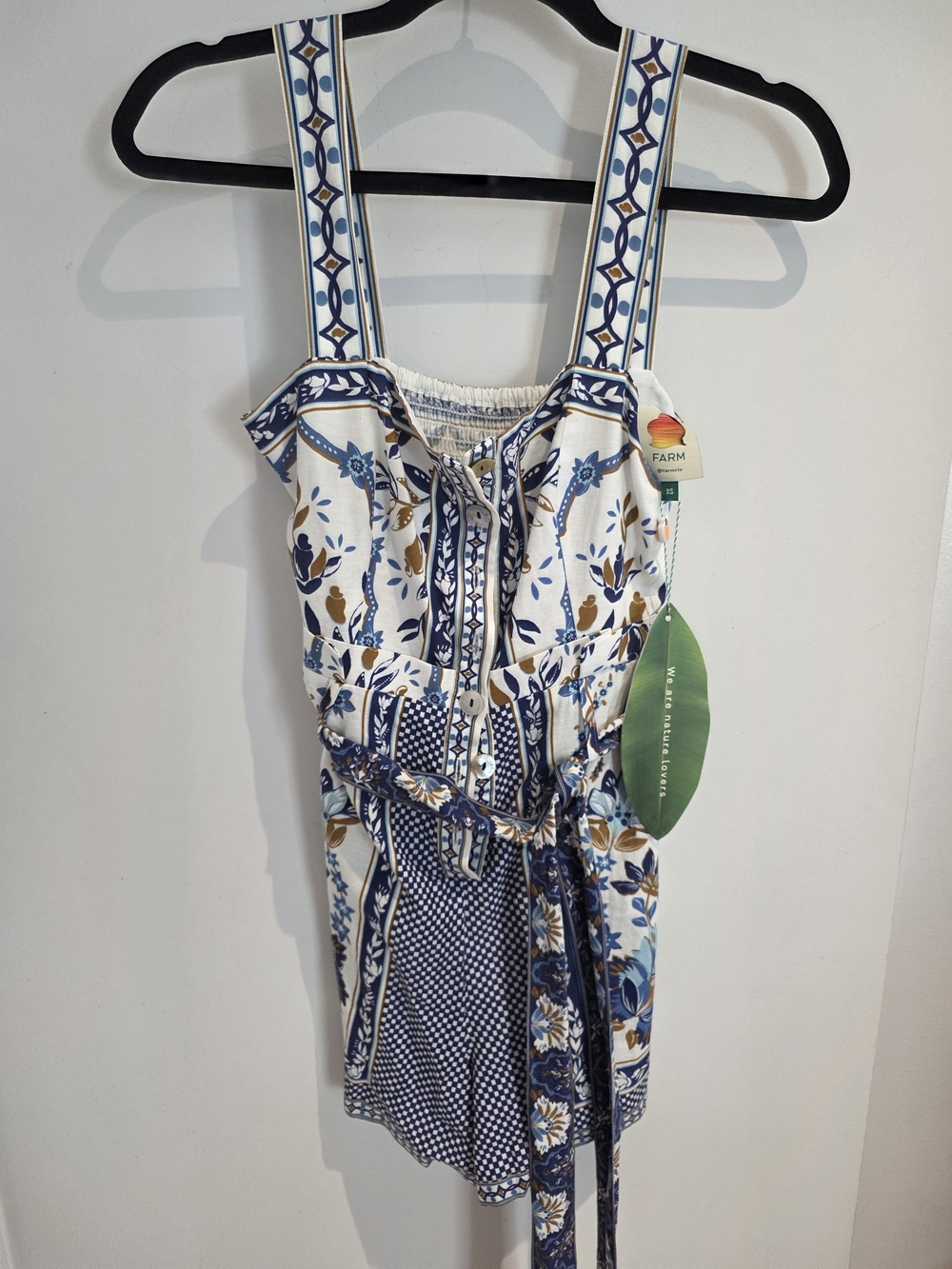 FARM Rio White, Blue & Gold Printed Mini Dress